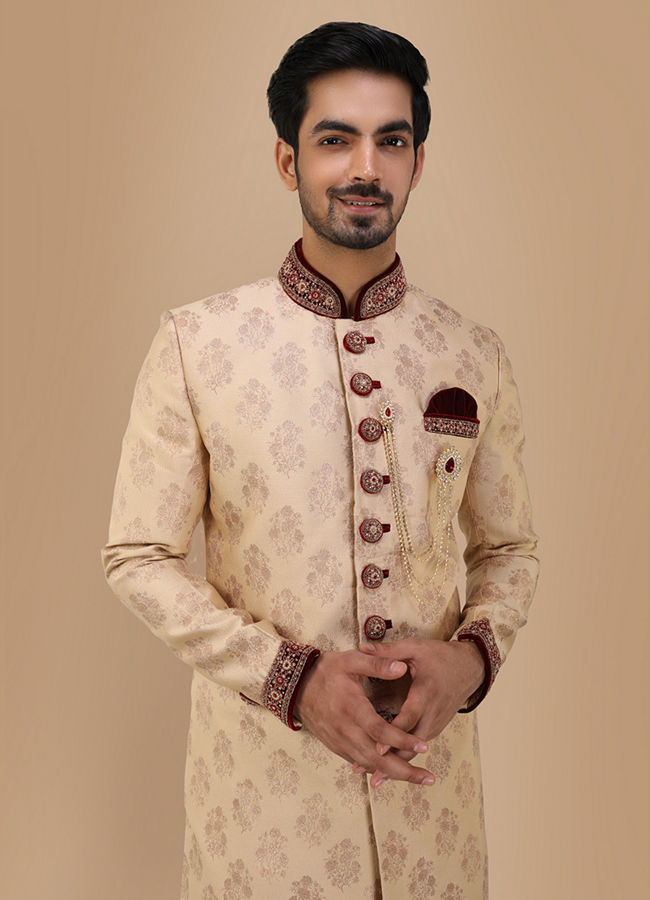 alt message - Manyavar Men Brilliant Fawn Sherwani Suit image number 0